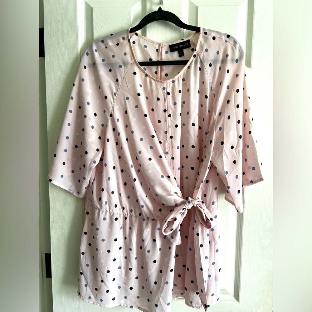 Like New Lane Bryant Pink Blouse with Blue Polka Dots Detail